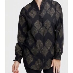 Chicos Black Gold Art Deco Print Blouse Ruffle Collar Smocked Cuff Top size 12